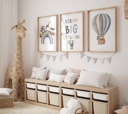 Dream Big Safari Animals, Rainbow and Hot Air Balloon | Blue | Set of 3 Nursery Prints - RoseRowanDesign -