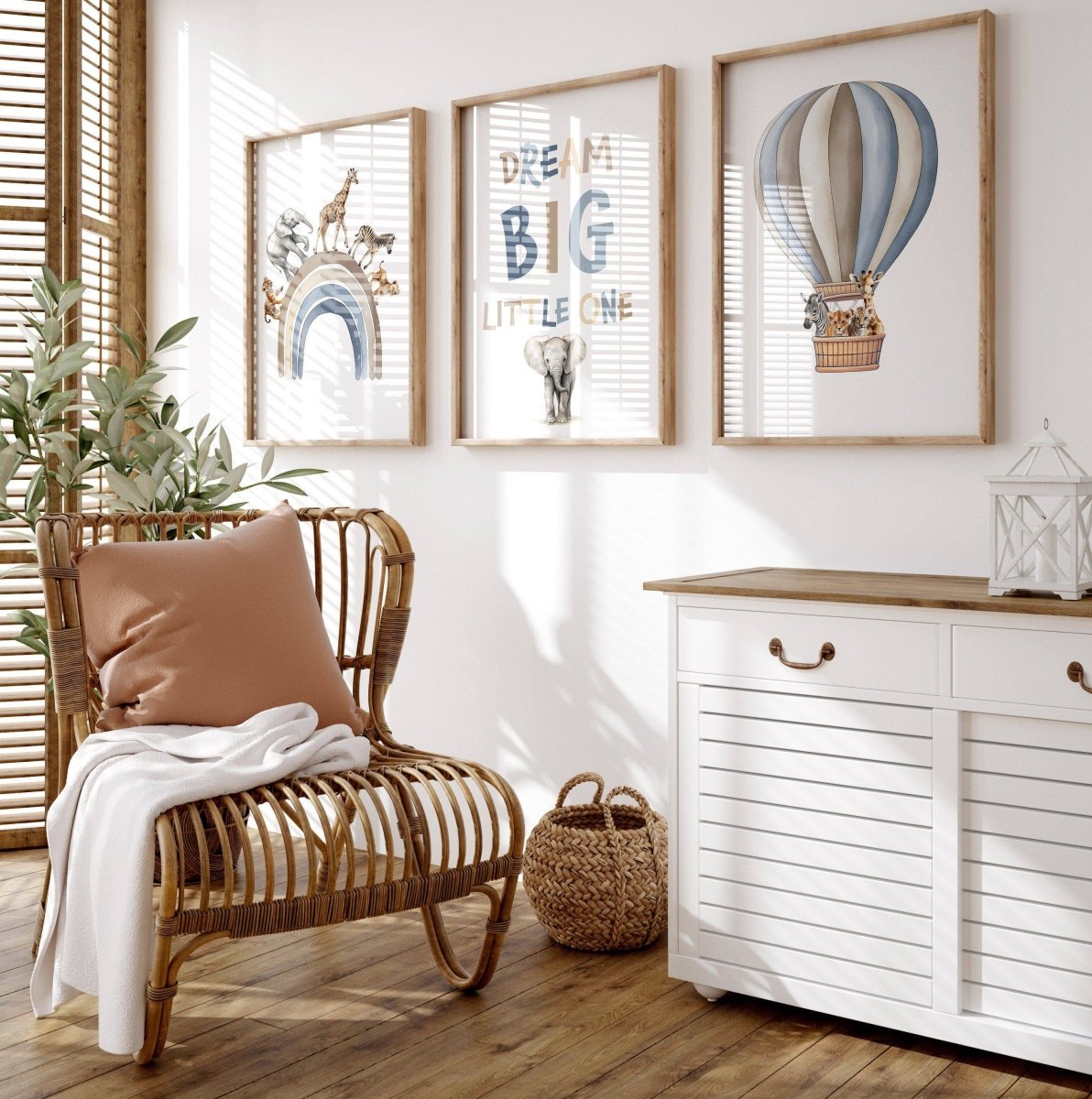 Dream Big Safari Animals, Rainbow and Hot Air Balloon | Blue | Set of 3 Nursery Prints - RoseRowanDesign -