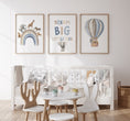 Load image into Gallery viewer, Dream Big Safari Animals, Rainbow and Hot Air Balloon | Blue | Set of 3 Nursery Prints - RoseRowanDesign -