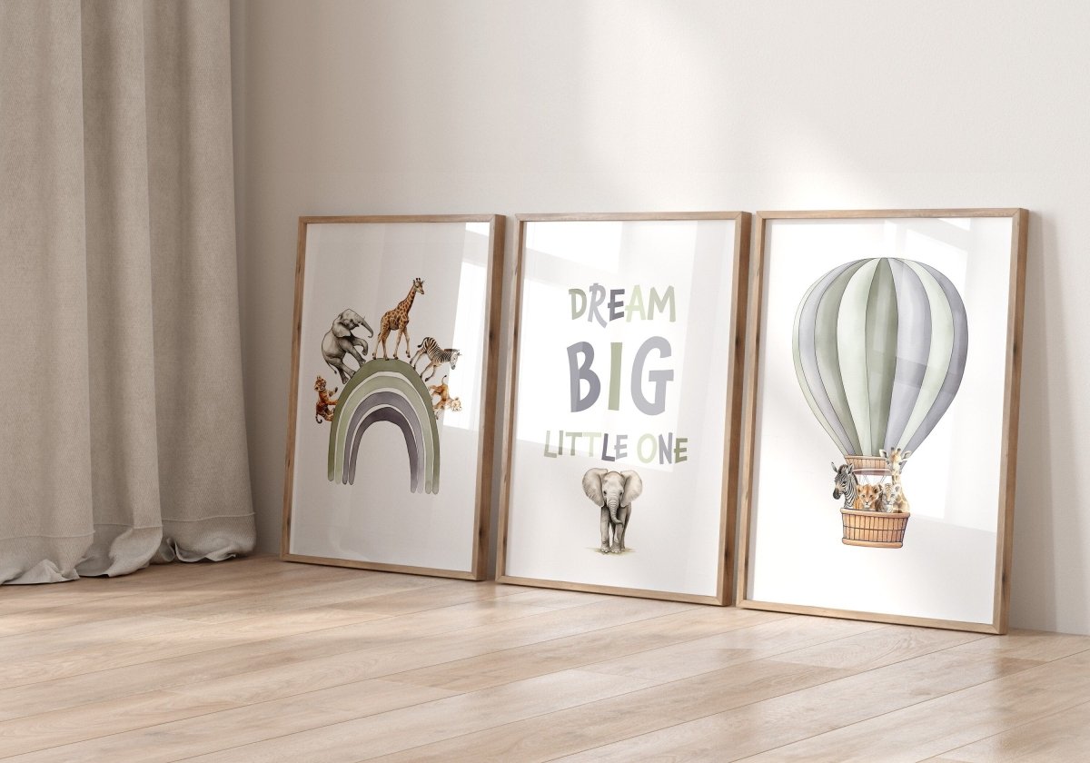 Dream Big Safari Animals, Rainbow and Hot Air Balloon | Green | Set of 3 Nursery Prints - RoseRowanDesign -