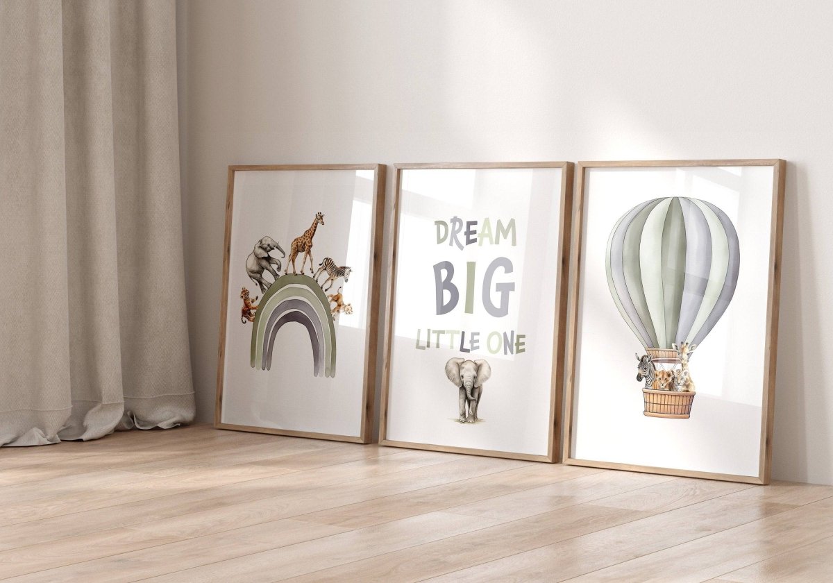 Dream Big Safari Animals, Rainbow and Hot Air Balloon | Green | Set of 3 Nursery Prints - RoseRowanDesign -