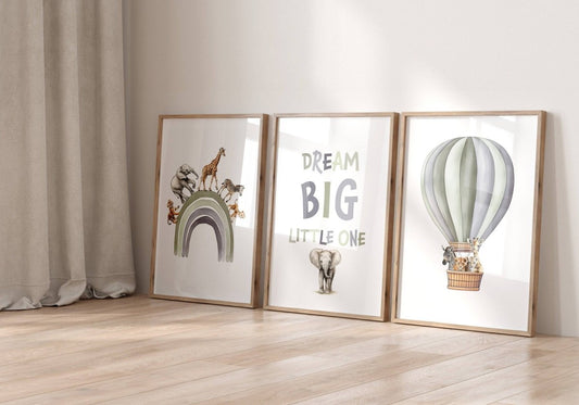 Dream Big Safari Animals, Rainbow and Hot Air Balloon | Green | Set of 3 Nursery Prints - RoseRowanDesign -