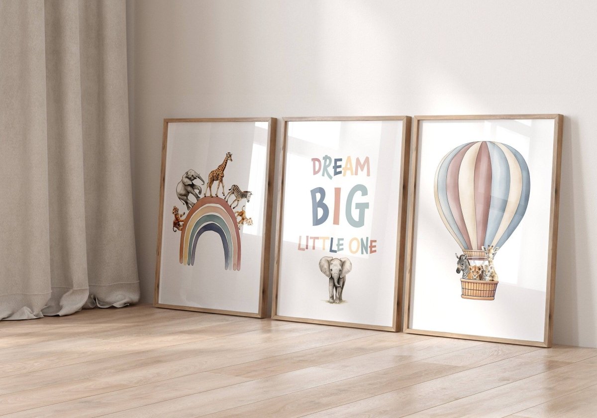 Dream Big Safari Animals, Rainbow and Hot Air Balloon | Neutral | Set of 3 Nursery Prints - RoseRowanDesign -