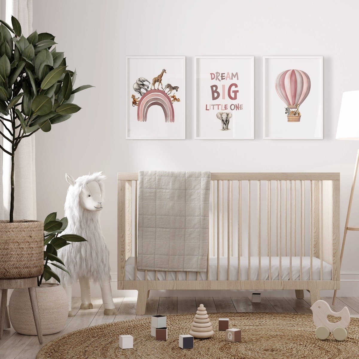 Dream Big Safari Animals, Rainbow and Hot Air Balloon | Pink | Set of 3 Nursery Prints - RoseRowanDesign -