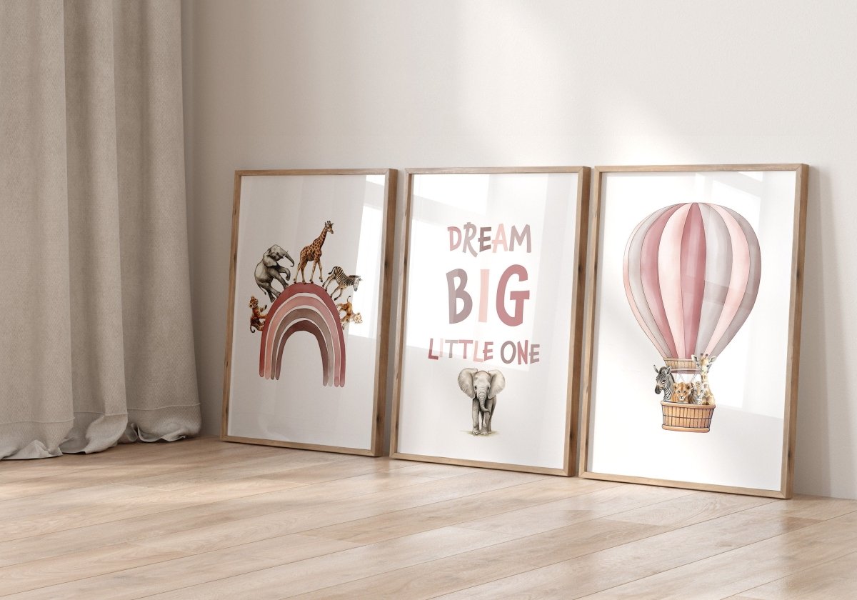 Dream Big Safari Animals, Rainbow and Hot Air Balloon | Pink | Set of 3 Nursery Prints - RoseRowanDesign -