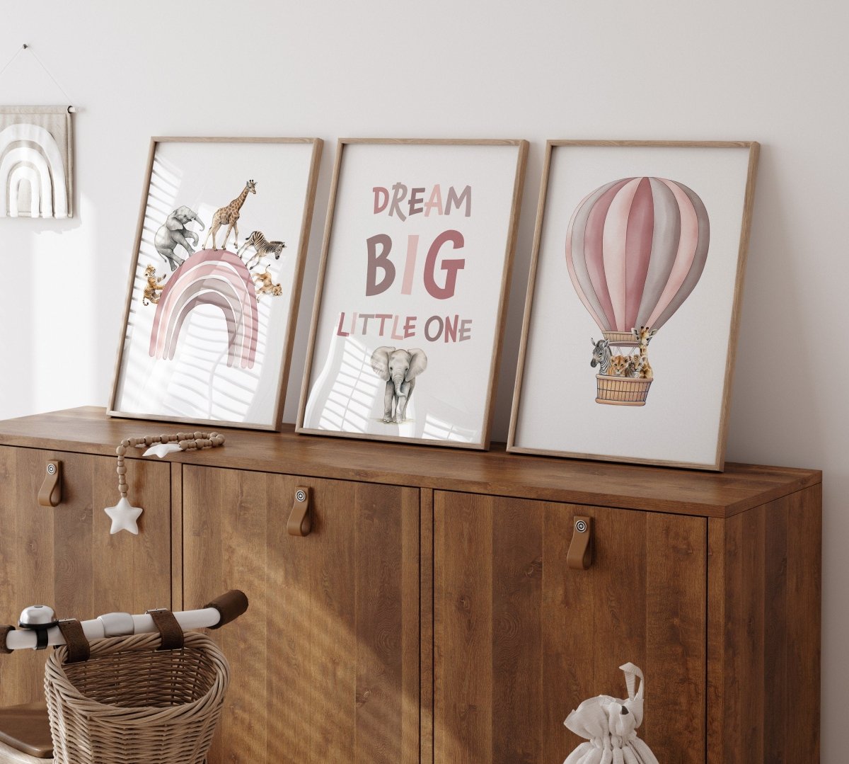 Dream Big Safari Animals, Rainbow and Hot Air Balloon | Pink | Set of 3 Nursery Prints - RoseRowanDesign -