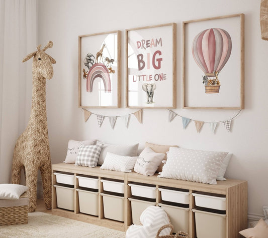 Dream Big Safari Animals, Rainbow and Hot Air Balloon | Pink | Set of 3 Nursery Prints - RoseRowanDesign -