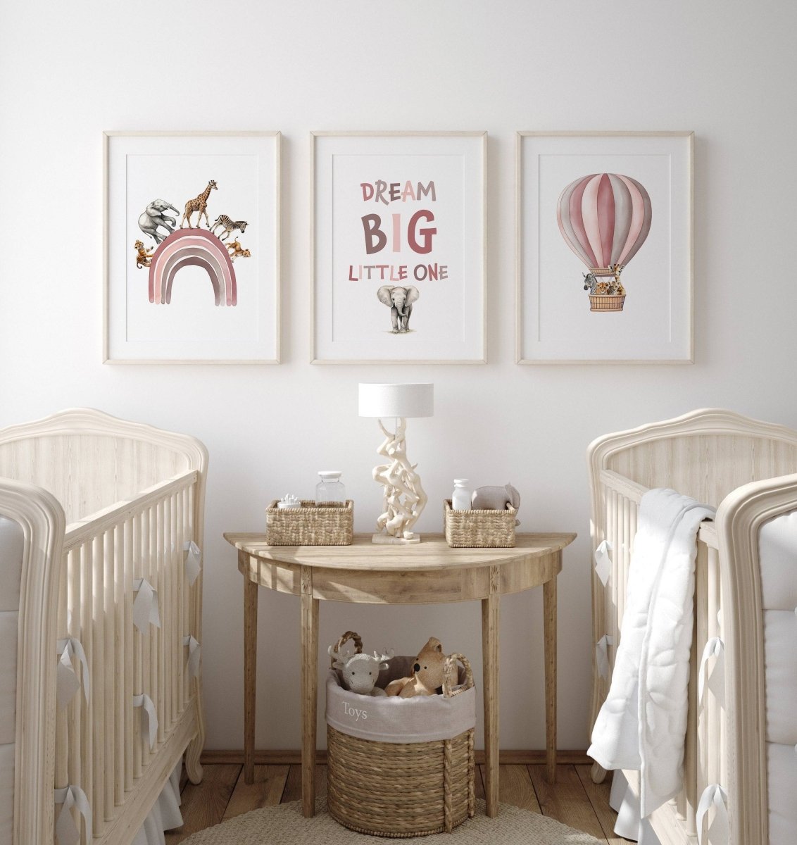 Dream Big Safari Animals, Rainbow and Hot Air Balloon | Pink | Set of 3 Nursery Prints - RoseRowanDesign -