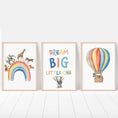 Load image into Gallery viewer, Dream Big Safari Animals, Rainbow and Hot Air Balloon | Rainbow | Set of 3 Nursery Prints - RoseRowanDesign -