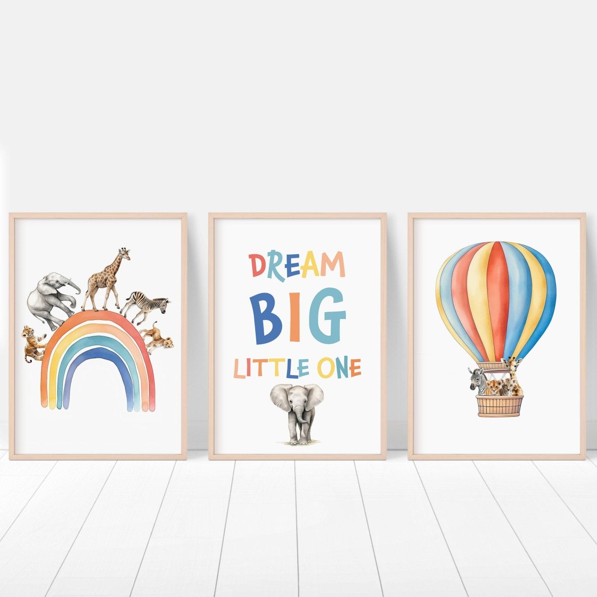 Dream Big Safari Animals, Rainbow and Hot Air Balloon | Rainbow | Set of 3 Nursery Prints - RoseRowanDesign -