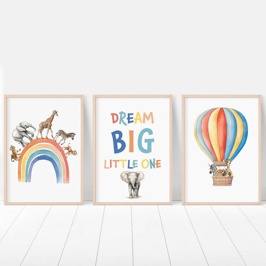 Dream Big Safari Animals, Rainbow and Hot Air Balloon | Rainbow | Set of 3 Nursery Prints - RoseRowanDesign -