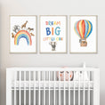 Load image into Gallery viewer, Dream Big Safari Animals, Rainbow and Hot Air Balloon | Rainbow | Set of 3 Nursery Prints - RoseRowanDesign -