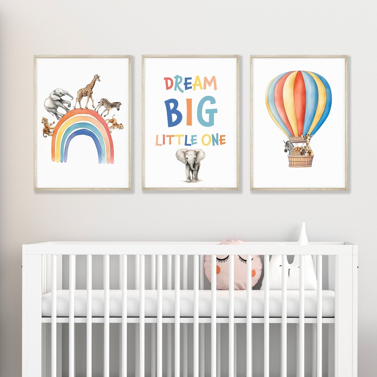 Dream Big Safari Animals, Rainbow and Hot Air Balloon | Rainbow | Set of 3 Nursery Prints - RoseRowanDesign -