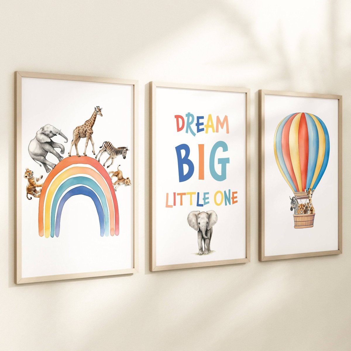 Dream Big Safari Animals, Rainbow and Hot Air Balloon | Rainbow | Set of 3 Nursery Prints - RoseRowanDesign -
