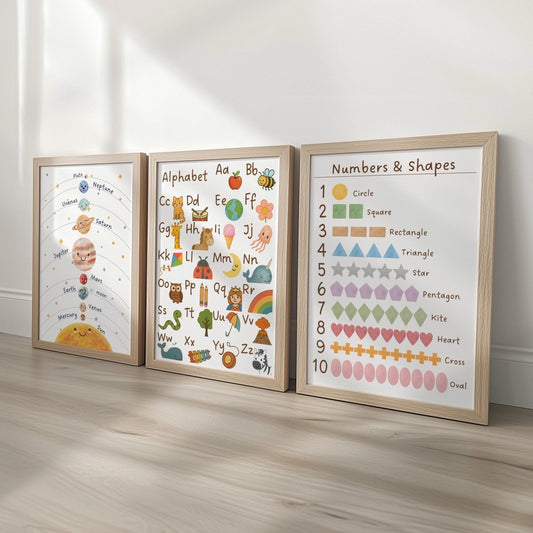 Educational Nursery Prints Set - Solar System Alphabet Numbers Shapes Wall Art for Kids - RoseRowanDesign -