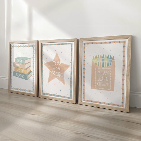 Educational Theme Wall Art – Star, Books & Crayon Set for Nursery or Playroom - RoseRowanDesign -