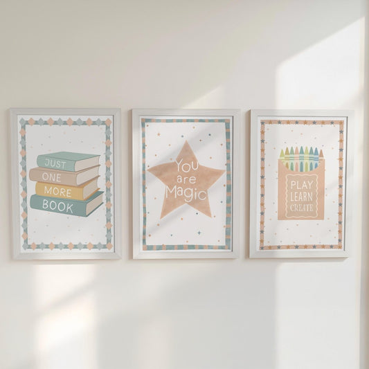 Educational Theme Wall Art – Star, Books & Crayon Set for Nursery or Playroom - RoseRowanDesign -