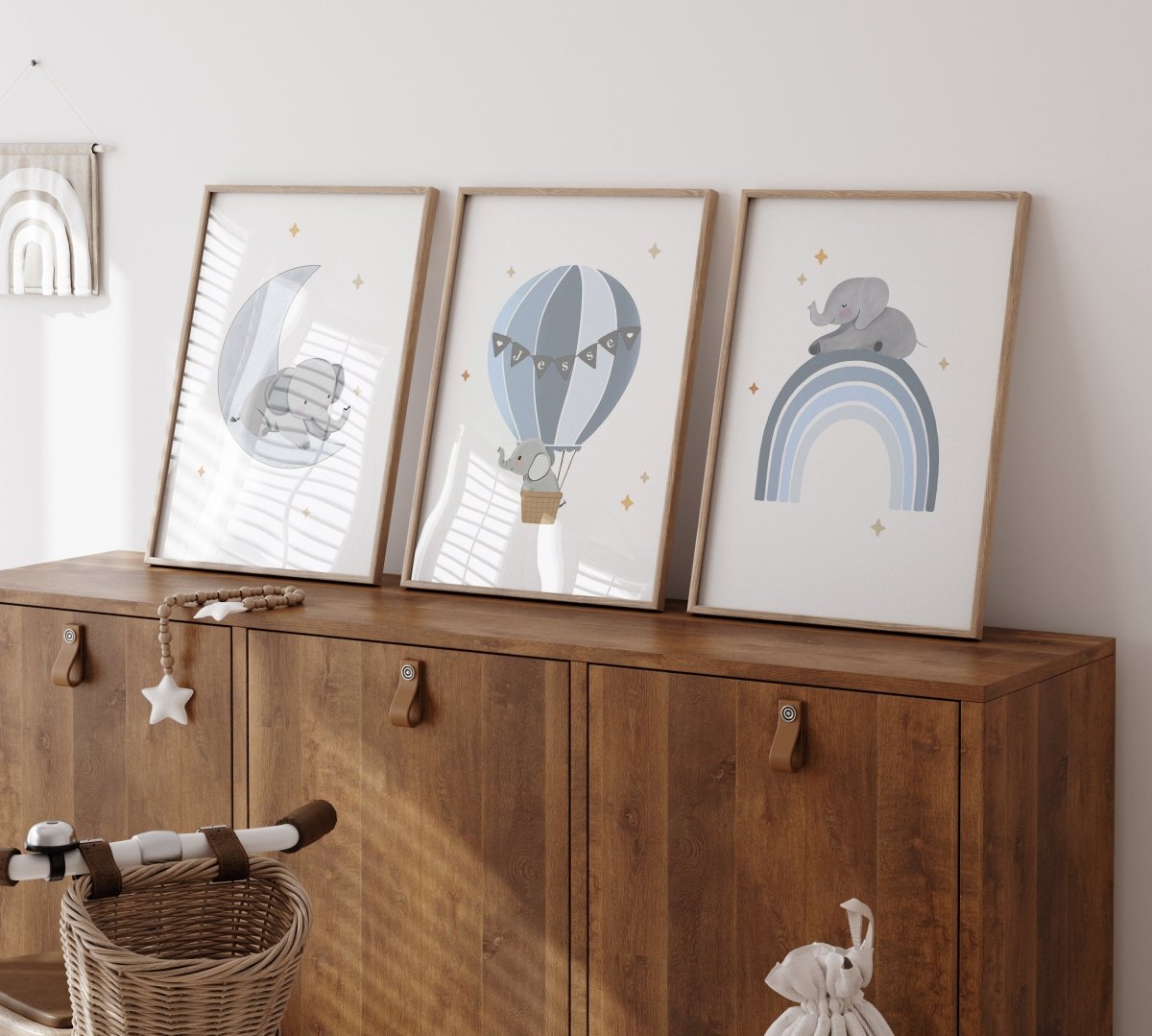 Elephant Hot Air Balloon Personalised Set of 3 Wall Prints | Wall Art for Nursery, Bedroom or Playroom - RoseRowanDesign - Wall Art