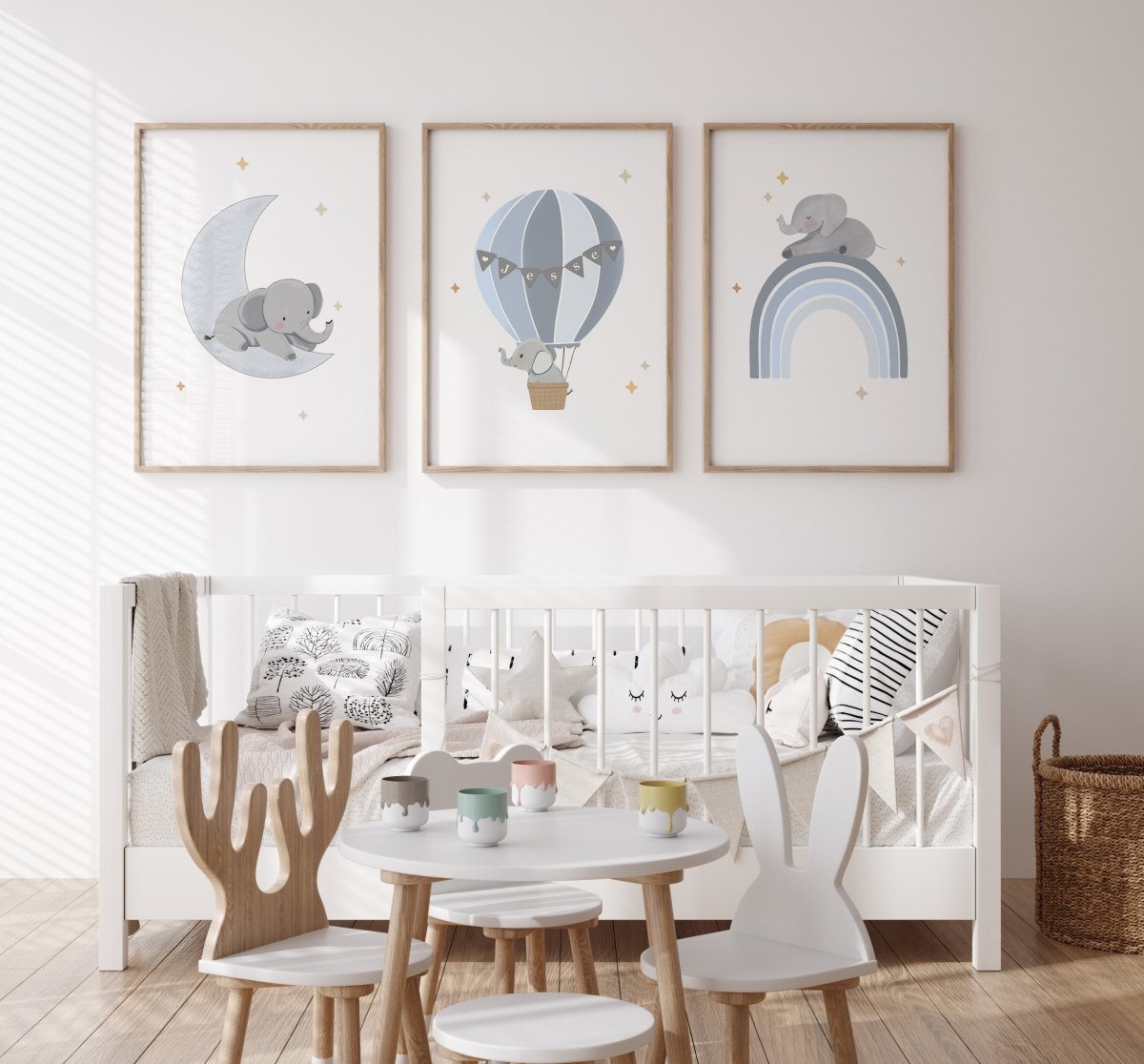 Elephant Hot Air Balloon Personalised Set of 3 Wall Prints | Wall Art for Nursery, Bedroom or Playroom - RoseRowanDesign - Wall Art