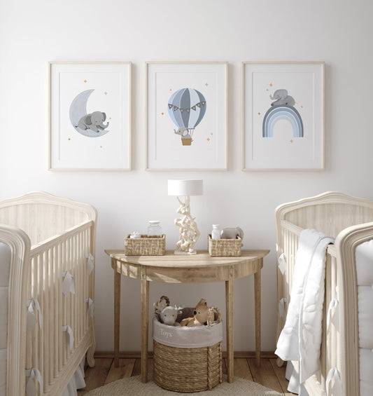 Elephant Hot Air Balloon Personalised Set of 3 Wall Prints | Wall Art for Nursery, Bedroom or Playroom - RoseRowanDesign - Wall Art