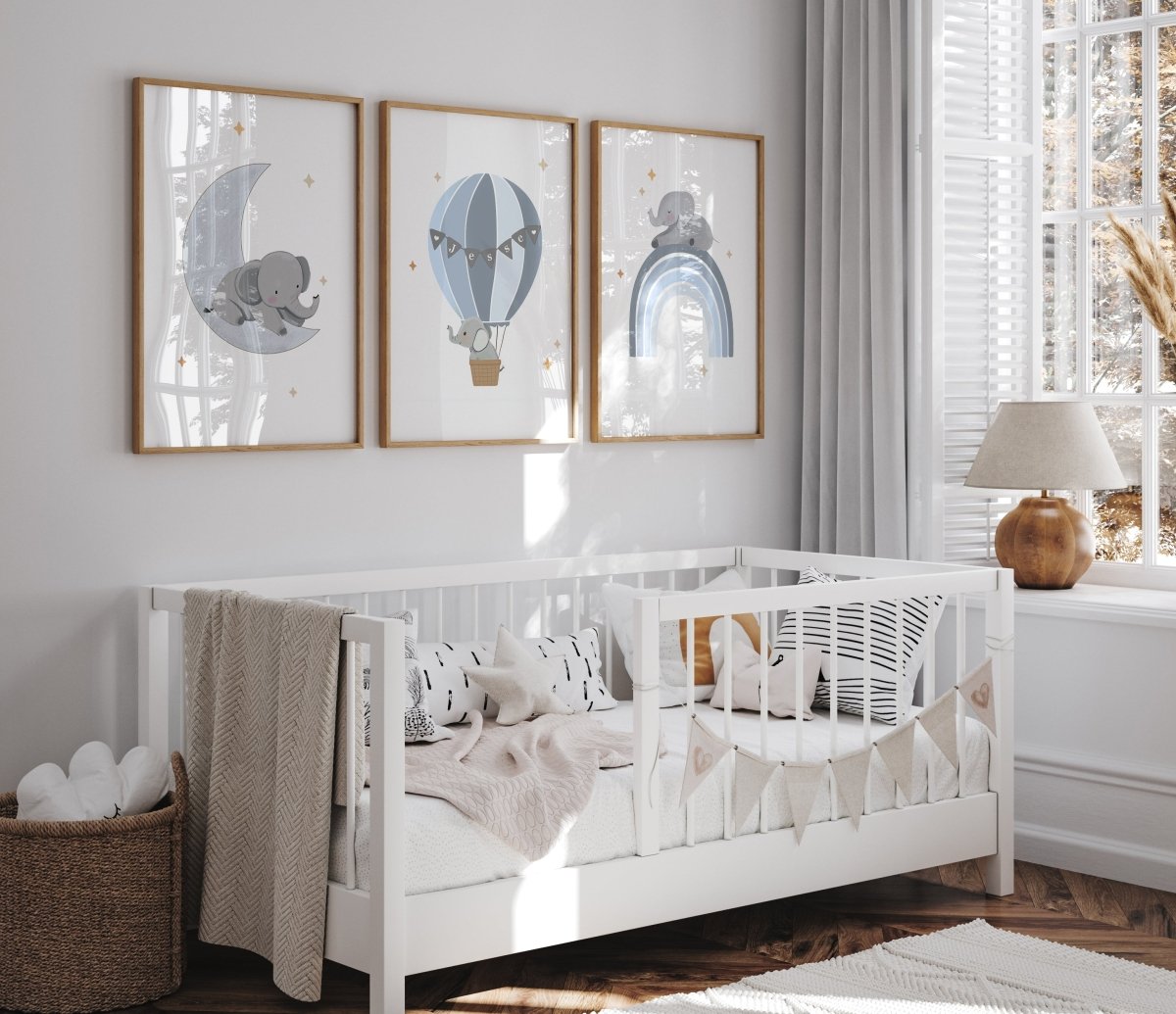 Elephant Hot Air Balloon Personalised Set of 3 Wall Prints | Wall Art for Nursery, Bedroom or Playroom - RoseRowanDesign - Wall Art