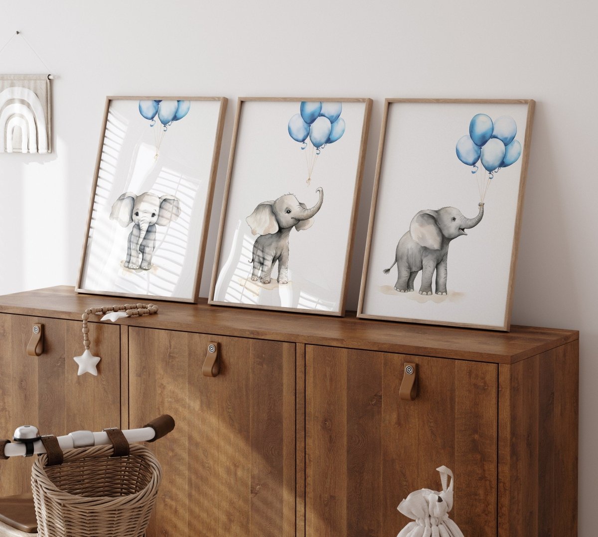 Elephant Nursery Prints | Set of 3 | Blue Balloon Wall Art for Baby Boy's Bedroom - RoseRowanDesign -