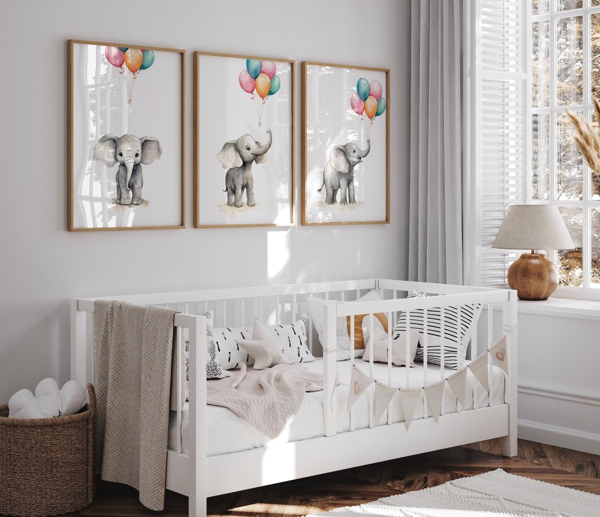 Elephant Nursery Prints | Set of 3 | Neutral Balloon Wall Art for Baby's Bedroom - RoseRowanDesign -