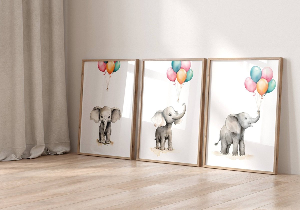 Elephant Nursery Prints | Set of 3 | Neutral Balloon Wall Art for Baby's Bedroom - RoseRowanDesign -