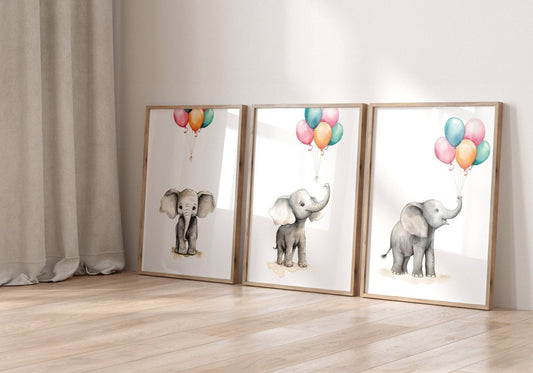 Elephant Nursery Prints | Set of 3 | Neutral Balloon Wall Art for Baby's Bedroom - RoseRowanDesign -