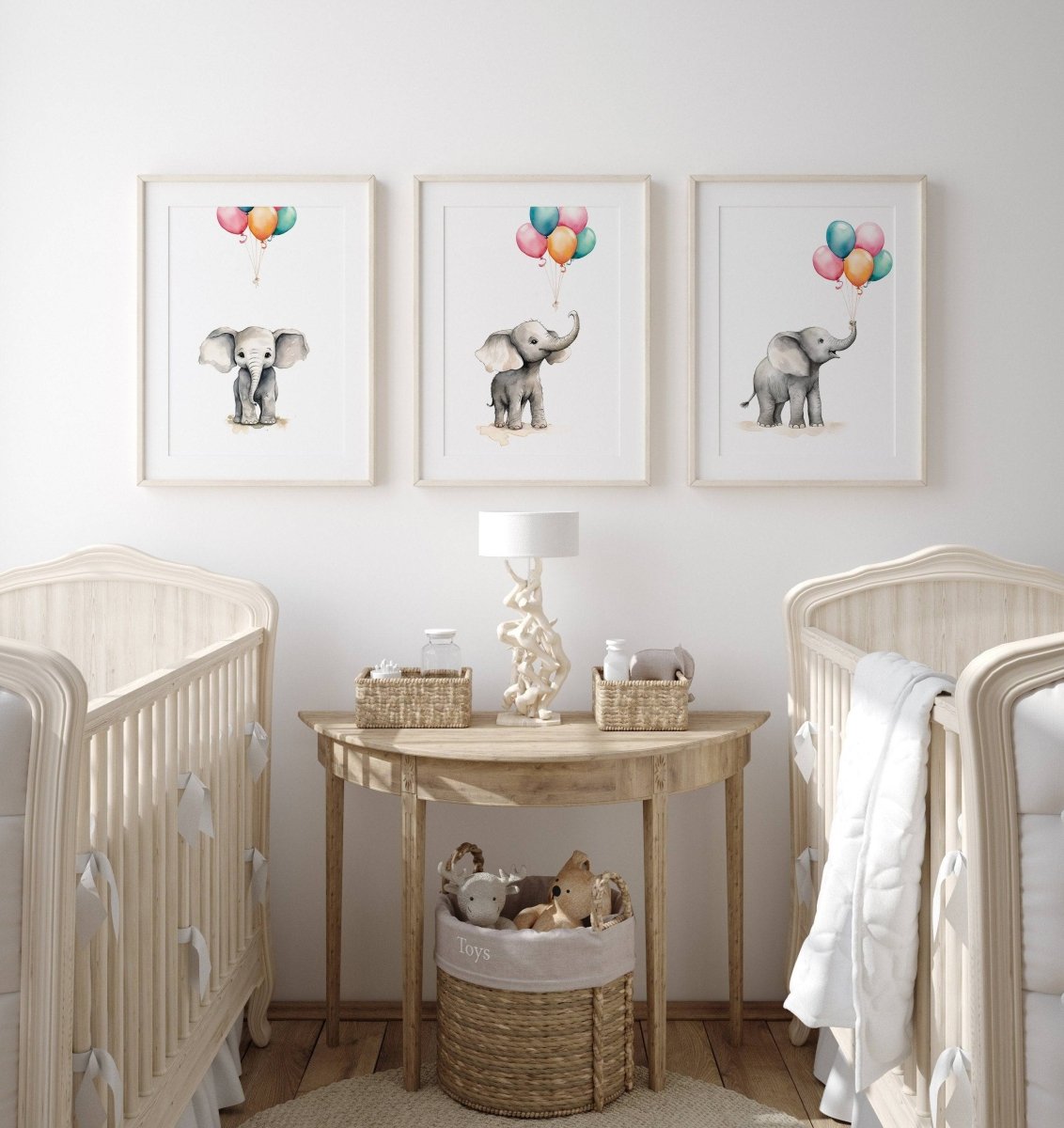 Elephant Nursery Prints | Set of 3 | Neutral Balloon Wall Art for Baby's Bedroom - RoseRowanDesign -
