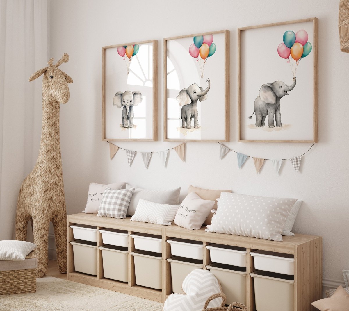 Elephant Nursery Prints | Set of 3 | Neutral Balloon Wall Art for Baby's Bedroom - RoseRowanDesign -