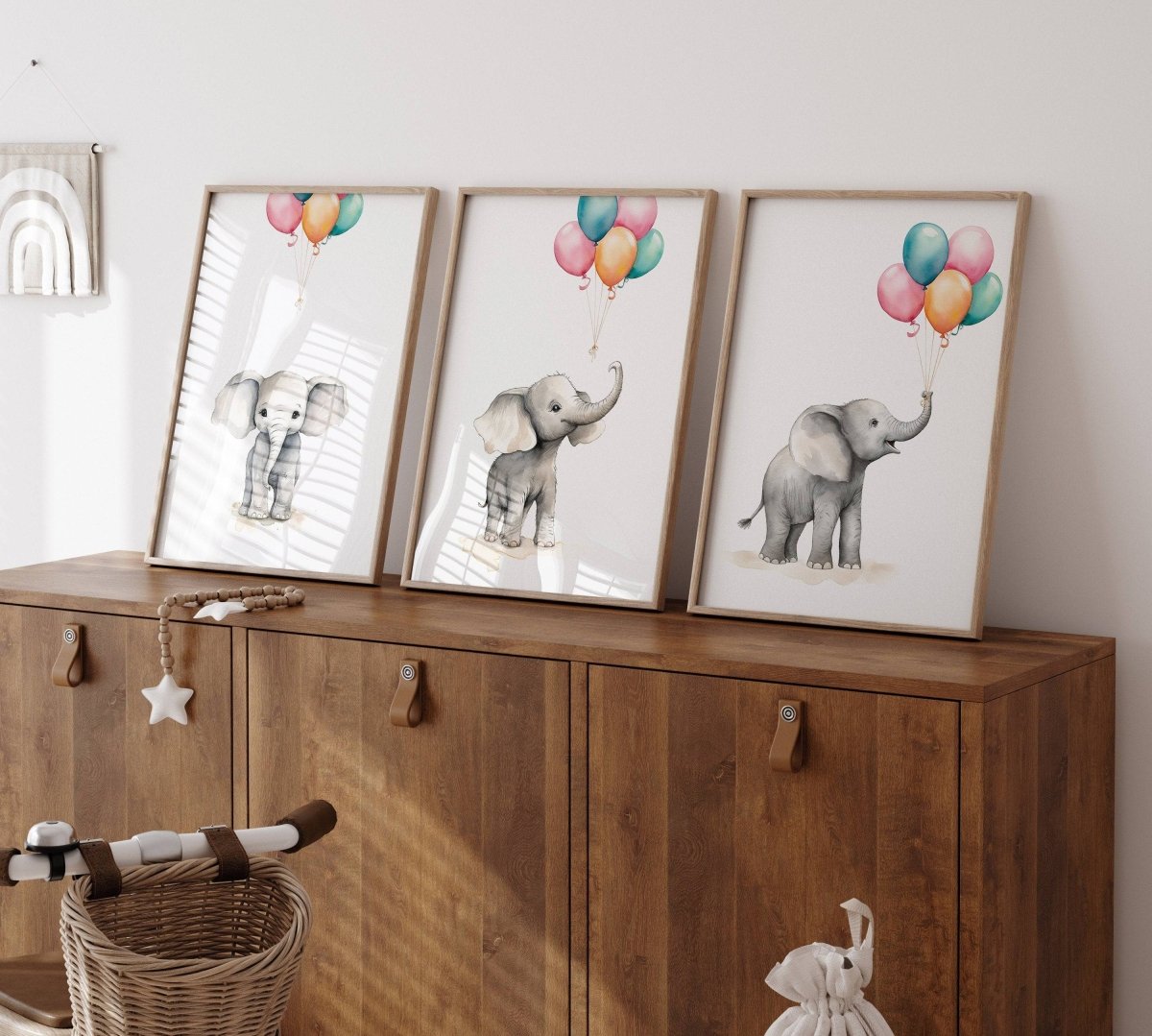 Elephant Nursery Prints | Set of 3 | Neutral Balloon Wall Art for Baby's Bedroom - RoseRowanDesign -