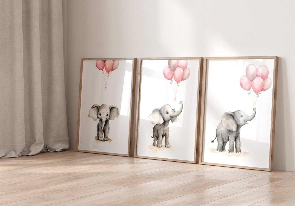 Elephant Nursery Prints | Set of 3 | Pink Balloon Wall Art for Baby Girl's Bedroom - RoseRowanDesign -