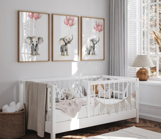 Elephant Nursery Prints | Set of 3 | Pink Balloon Wall Art for Baby Girl's Bedroom - RoseRowanDesign -