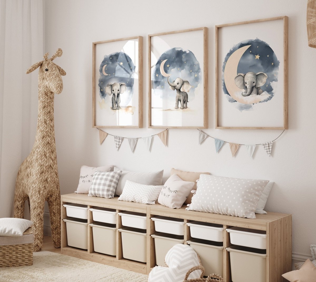 Elephant Nursery Prints | Set of 3 Wall Art for Boys & Girls | Boho Decor | Gender Neutral - RoseRowanDesign - Wall Art