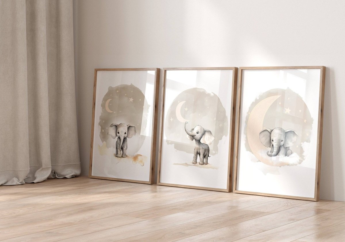 Elephant Theme Kids Wall Art | Beige | Set of 3 Nursery Prints - RoseRowanDesign - Wall Art