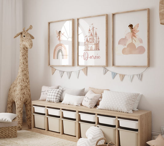 Fairy Nursery Prints | Set of 3 | Personalised Castle Wall Art for Girls' Room - RoseRowanDesign -