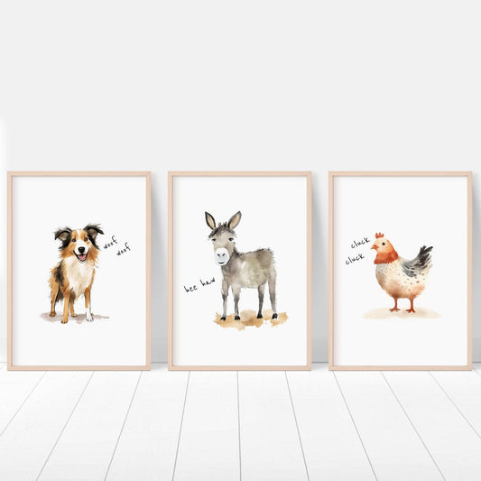 Farm Animal Nursery Prints | Set of 3 | Farmhouse Wall Art for Baby Boys' Bedroom & Playroom Decor - RoseRowanDesign -