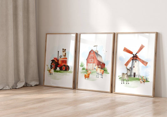 Farm Animal Nursery Prints | Set of 3 | Tractor & Animal Wall Art for Baby Boys' Bedroom & Playroom - RoseRowanDesign -