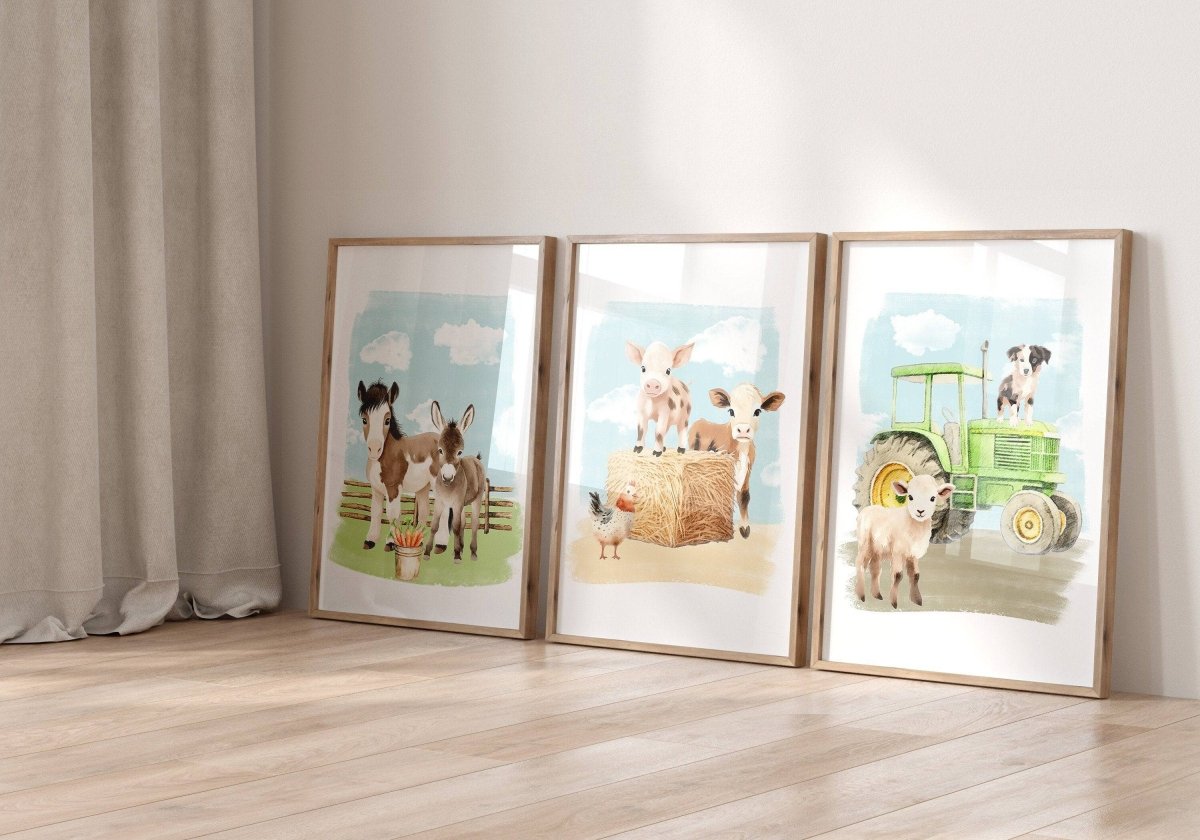 Farm Animal Nursery Wall Art | Set of 3 Farm Prints | Barnyard Theme Decor for Boys Room - RoseRowanDesign - Wall Art