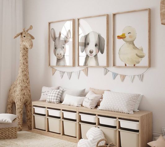 Farm Animal Prints for Nursery | Set of 3 Wall Art | Gender Neutral Decor for Babies' Bedroom & Playroom - RoseRowanDesign - Wall Art