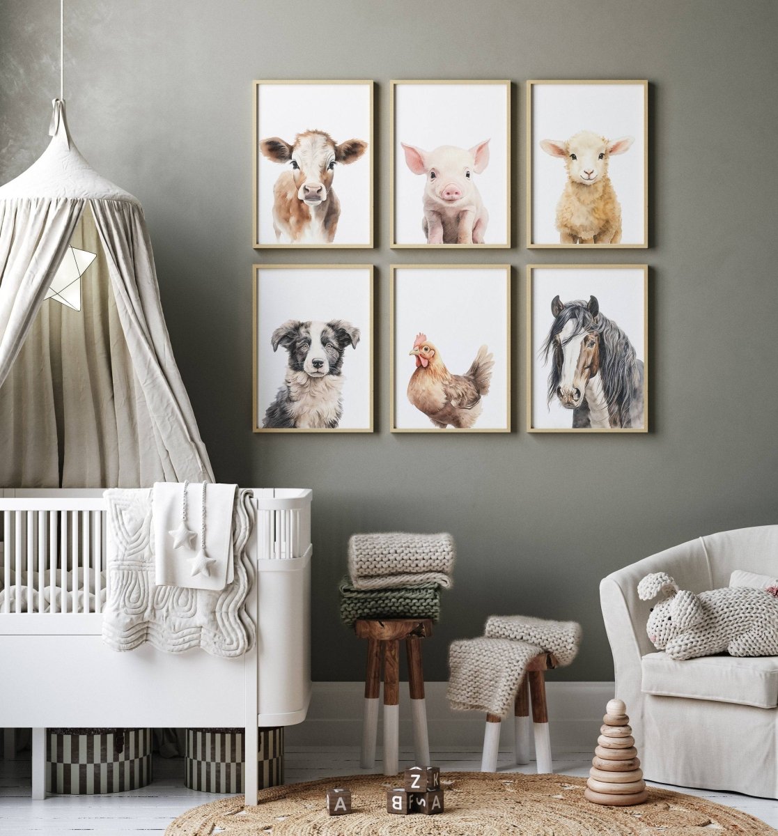 Farm Animal Prints for Nursery | Set of 6 Wall Art for Baby Room | Neutral Decor - RoseRowanDesign - Wall Art