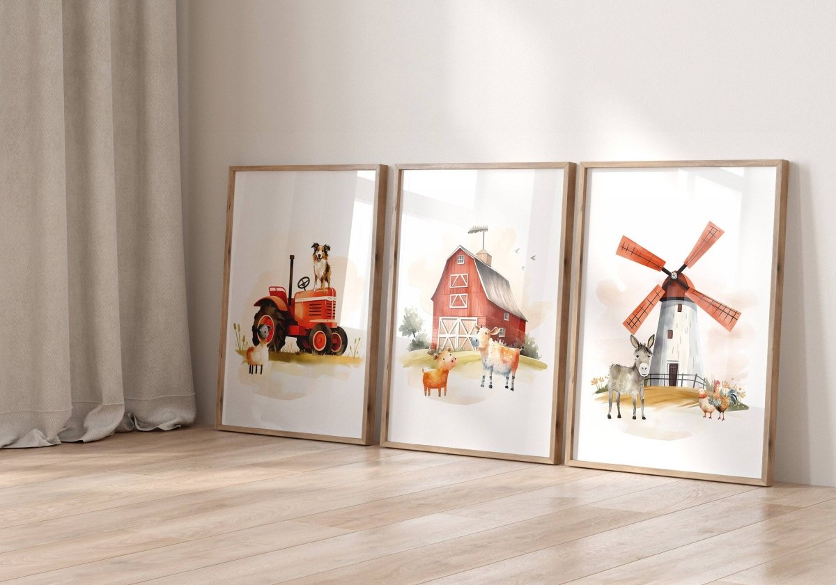 Farm Nursery Prints | Set of 3 | Tractor & Red Barn Wall Art for Baby Boys' Room - RoseRowanDesign -