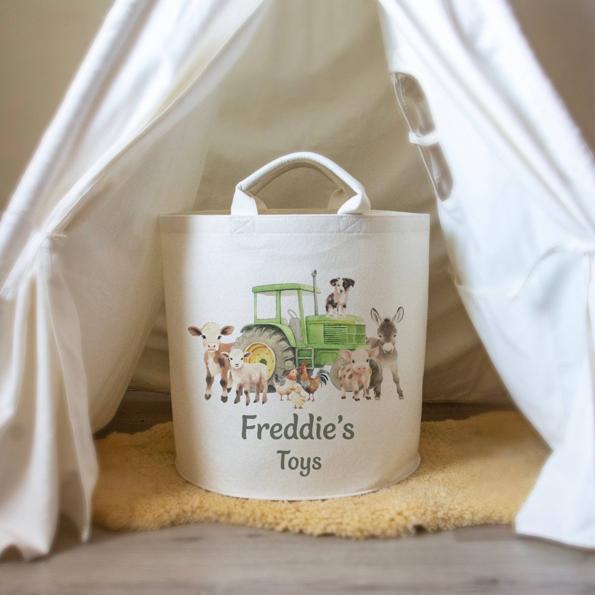Farm Theme Personalised Toy Trug for Nursery or Kids Room Storage - RoseRowanDesign -