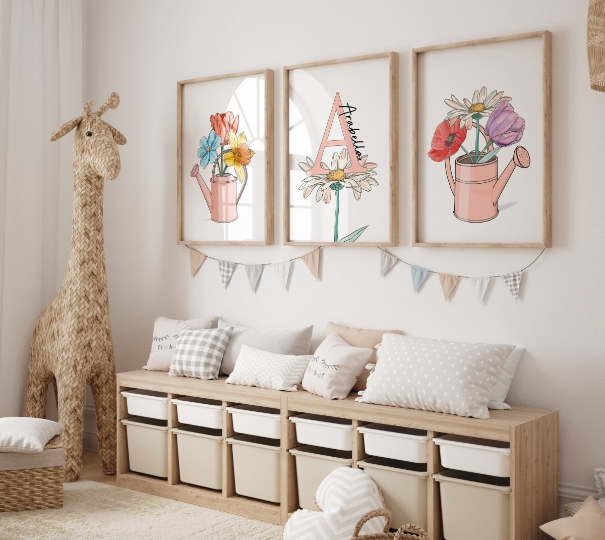 Flower Nursery Prints | Set of 3 | Personalised Wall Art for Girls' Room - RoseRowanDesign -
