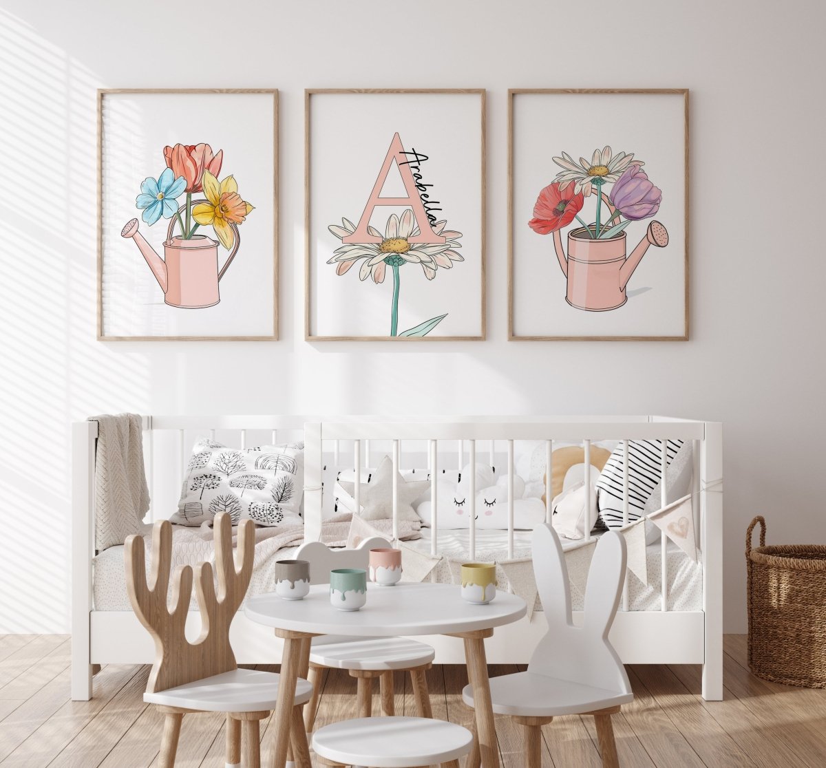 Flower Nursery Prints | Set of 3 | Personalised Wall Art for Girls' Room - RoseRowanDesign -