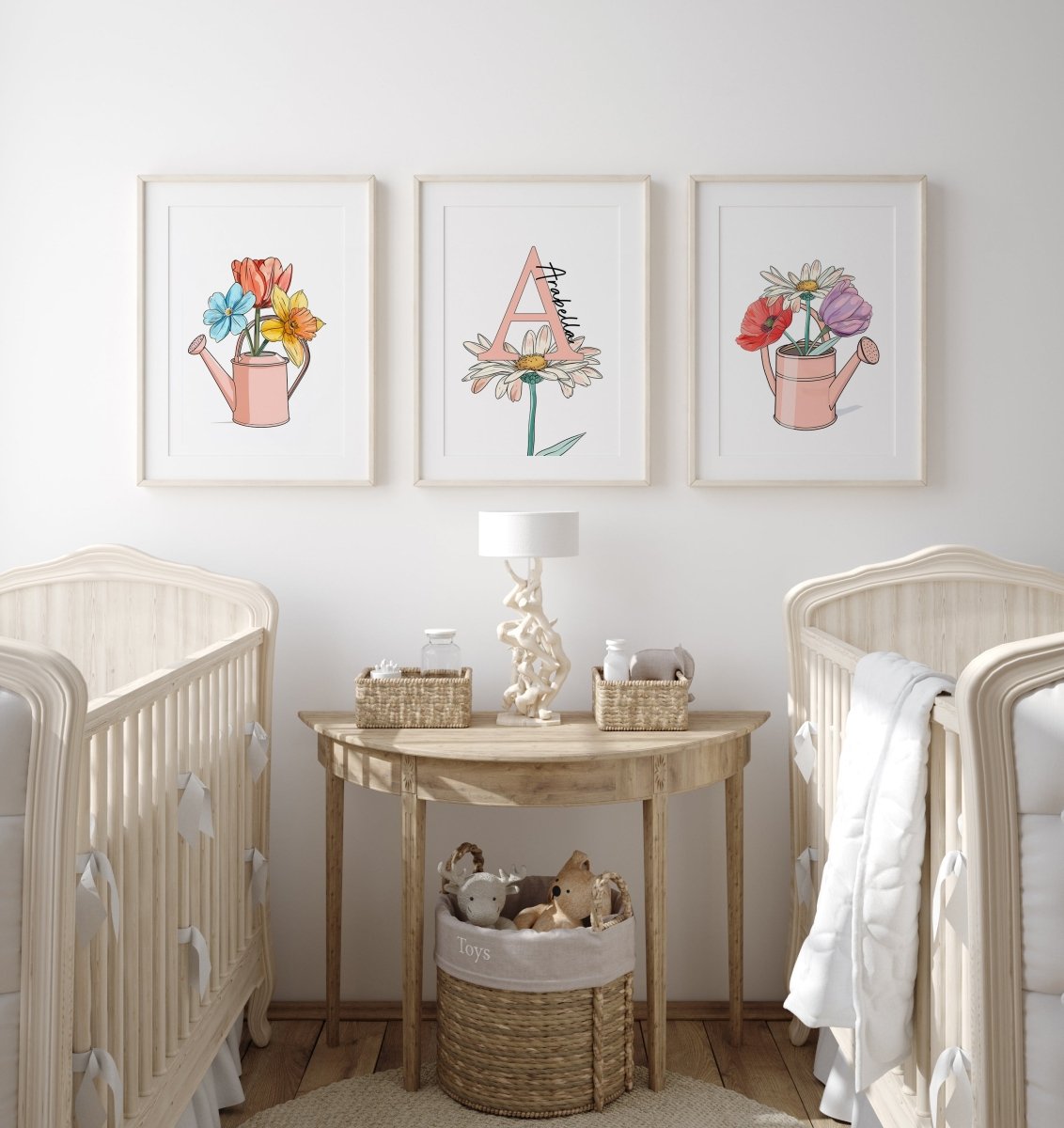 Flower Nursery Prints | Set of 3 | Personalised Wall Art for Girls' Room - RoseRowanDesign -