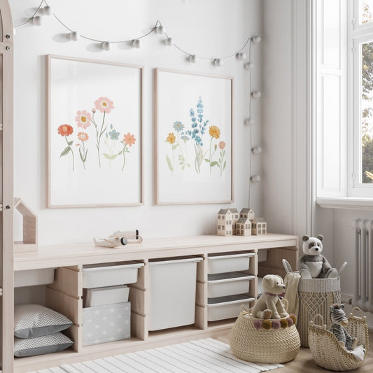 Flower Prints for Girls' Bedroom | Set of 2 | Wildflower Nursery Wall Art for Boho & Scandi Rooms - RoseRowanDesign -