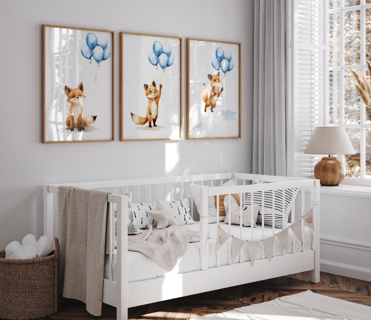 Fox & Balloons Nursery Prints | Set of 3 | Cute Animal Wall Art for Baby Boy's Room - RoseRowanDesign -