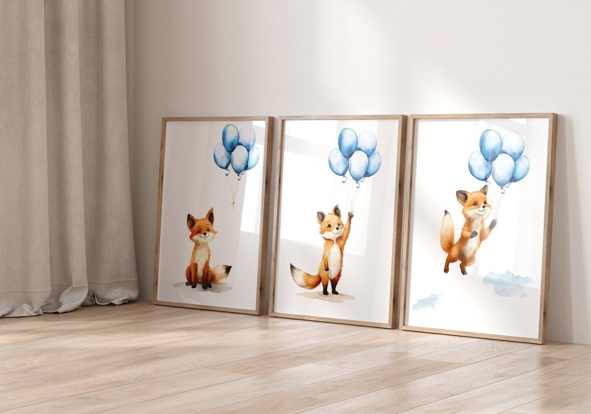 Fox & Balloons Nursery Prints | Set of 3 | Cute Animal Wall Art for Baby Boy's Room - RoseRowanDesign -